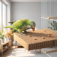 Green parakeet standing on the cardboard platform fixed to a cage, pulling out a cork stopper with its beak. 2