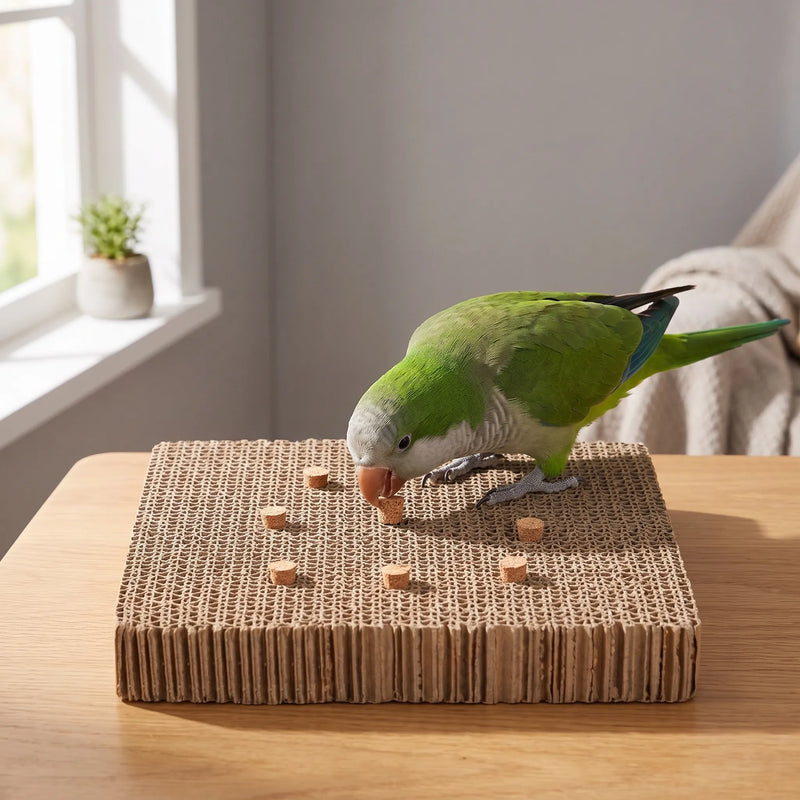 Green parakeet nibbling a cork stopper on the cardboard platform, which sits on a wooden table beside a window. 3