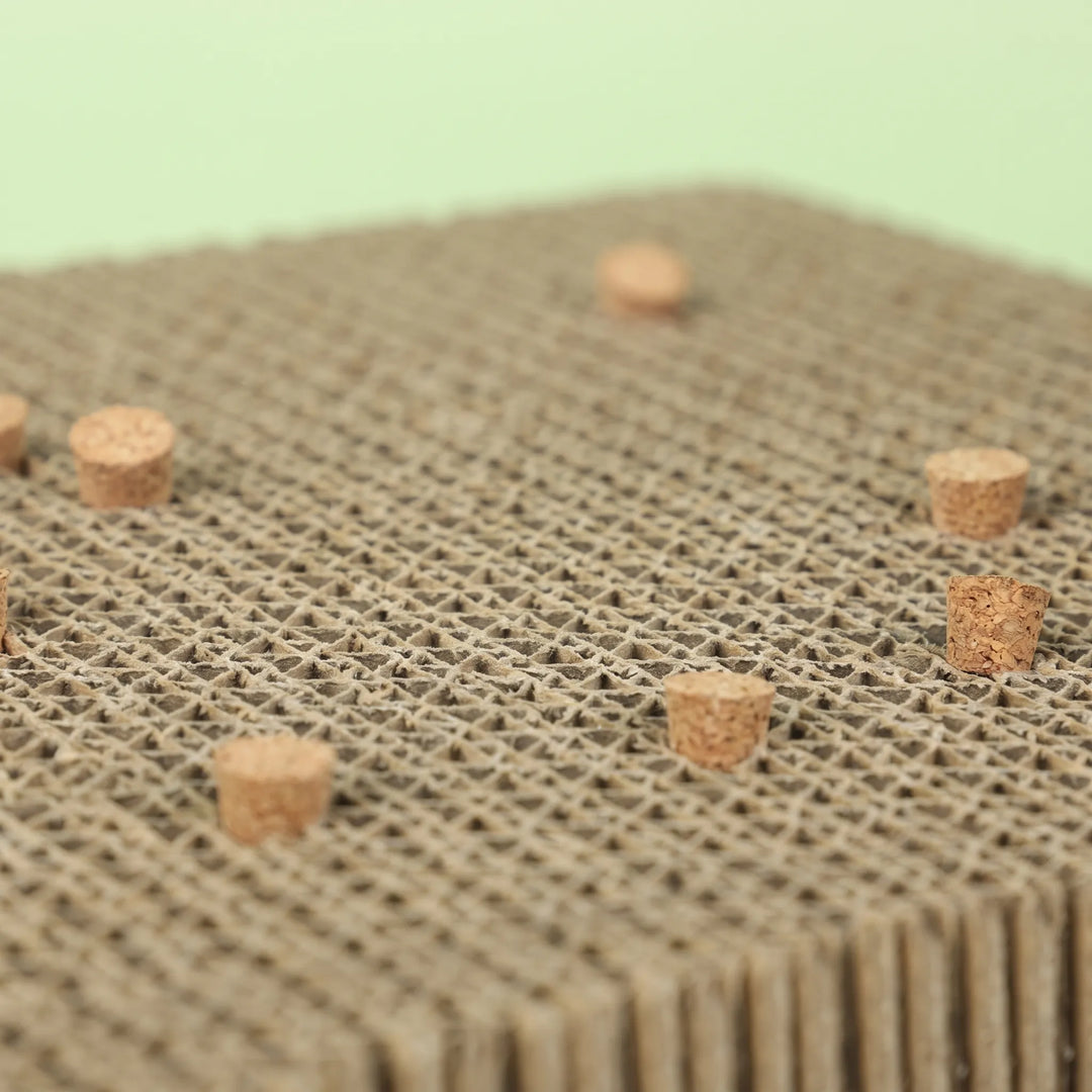 Close-up of the honeycomb-like cardboard surface and the cork stoppers set into it, against a pale green background. 4
