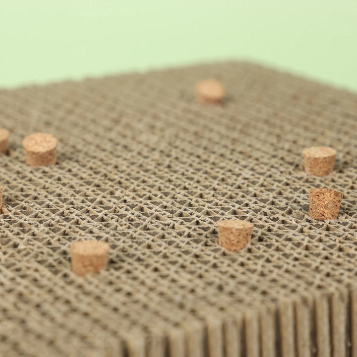 Close-up of the honeycomb-like cardboard surface and the cork stoppers set into it, against a pale green background. 4