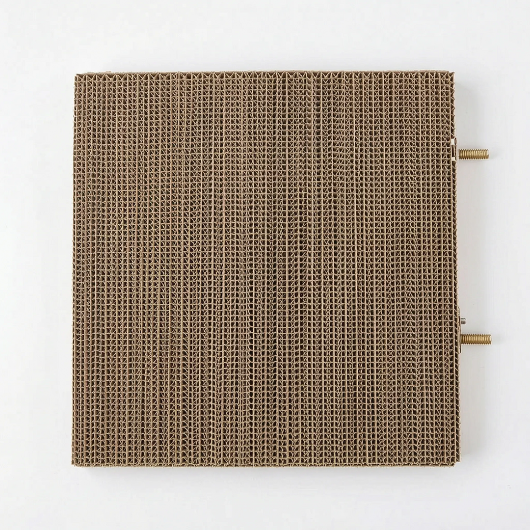 Top-down view of the square cardboard platform with two threaded metal fixing bolts protruding from one side. 5