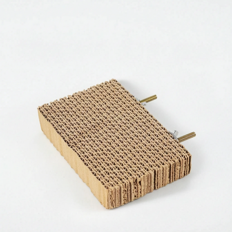 Smaller rectangular cardboard platform without corks, with two threaded bolts and fixings sticking out from the back edge. 7