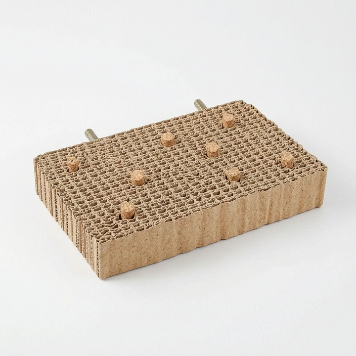 Thick rectangular cardboard platform with cork stoppers inserted into the cells and two threaded bolts at the back. 8