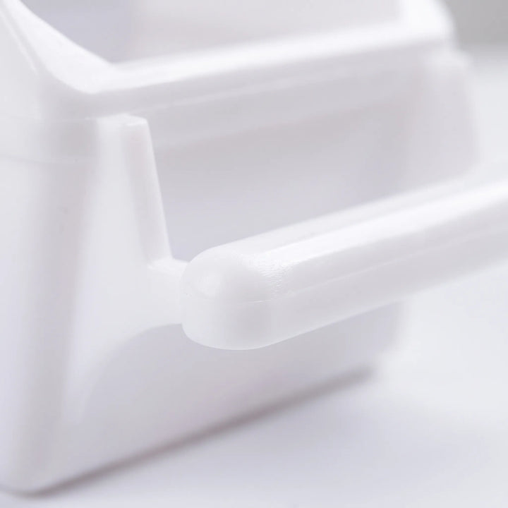 Close-up of the feeder's smooth rounded perch bar and its support arm, in white plastic. 4