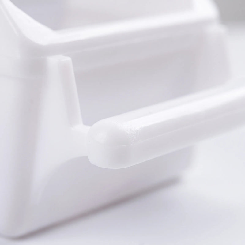 Close-up of the feeder's smooth rounded perch bar and its support arm, in white plastic. 4