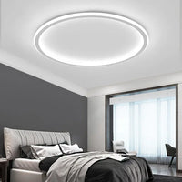 White round ceiling light shining cool white above a bed in a grey and white bedroom 5