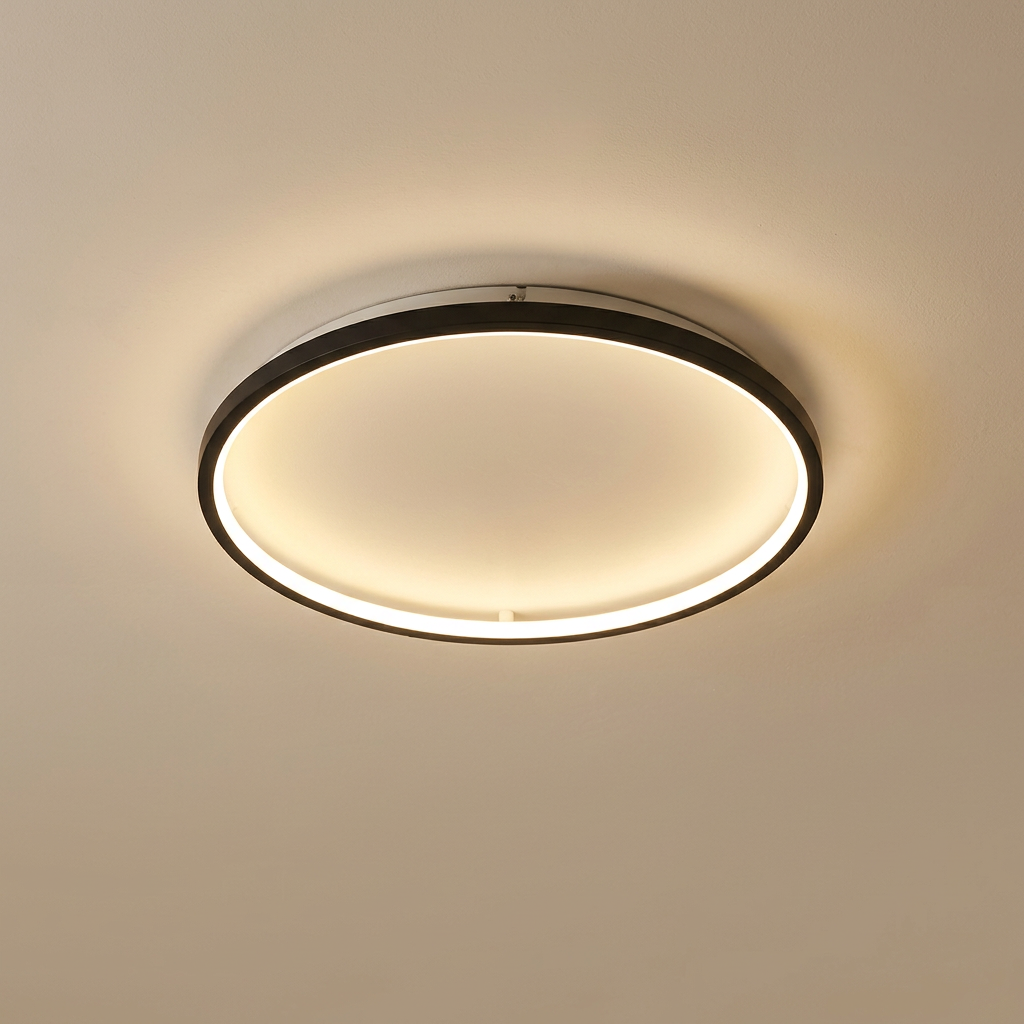 Round ceiling light with a black frame and a warm glowing ring, seen from below 3