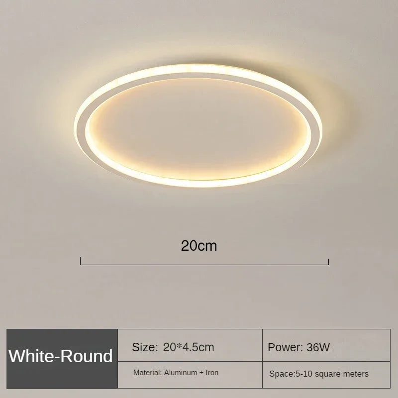 White round version of the ceiling light on a plain ceiling, with a diameter and specification chart 8