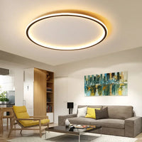 Black-rimmed round ceiling light lit above a living room with grey sofa and yellow armchair 4