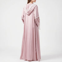 Back view of the pink satin robe on a model, showing the lace-trimmed hood and flared sleeves. 2