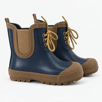 Pair of navy blue lace-up rubber boots with tan toe caps, elastic side gussets, mustard laces and chunky treaded soles. 8