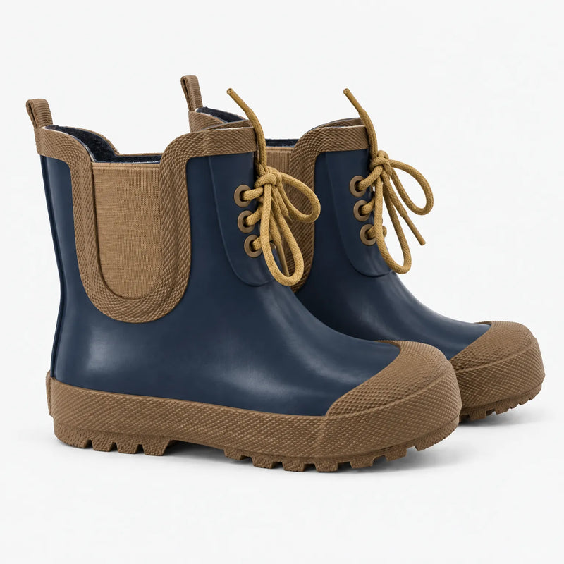 Pair of navy blue lace-up rubber boots with tan toe caps, elastic side gussets, mustard laces and chunky treaded soles. 8