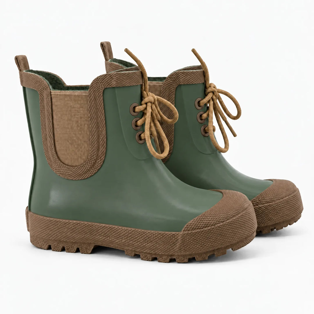 Pair of plain olive green lace-up rubber boots with brown toe caps, elastic side panels, tan laces and chunky treaded soles. 9