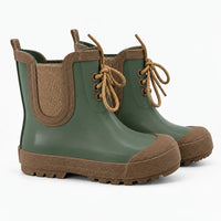 Pair of plain olive green lace-up rubber boots with brown toe caps, elastic side panels, tan laces and chunky treaded soles. 9