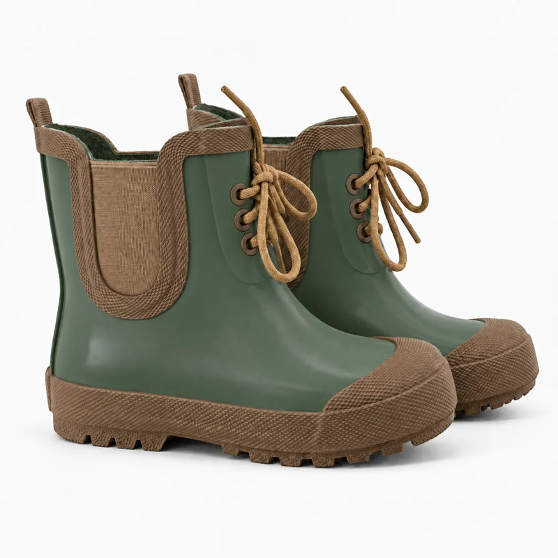 Pair of plain olive green lace-up rubber boots with brown toe caps, elastic side panels, tan laces and chunky treaded soles. 9