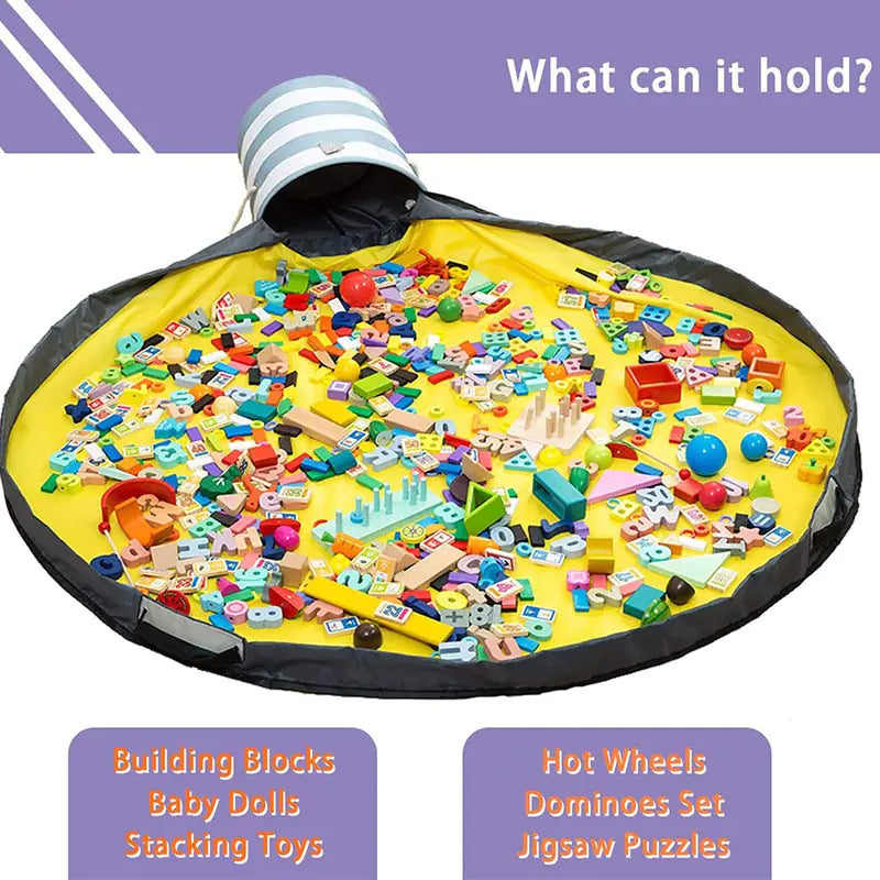 Large foldable toy tidy-up mat with basket function for the children's room.