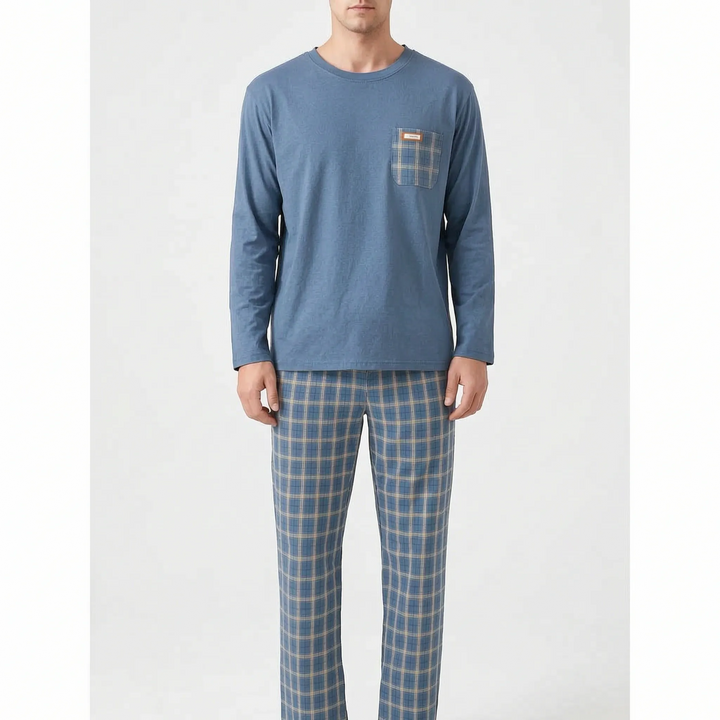 Long Sleeve Henley Mens Pyjamas - Clay
