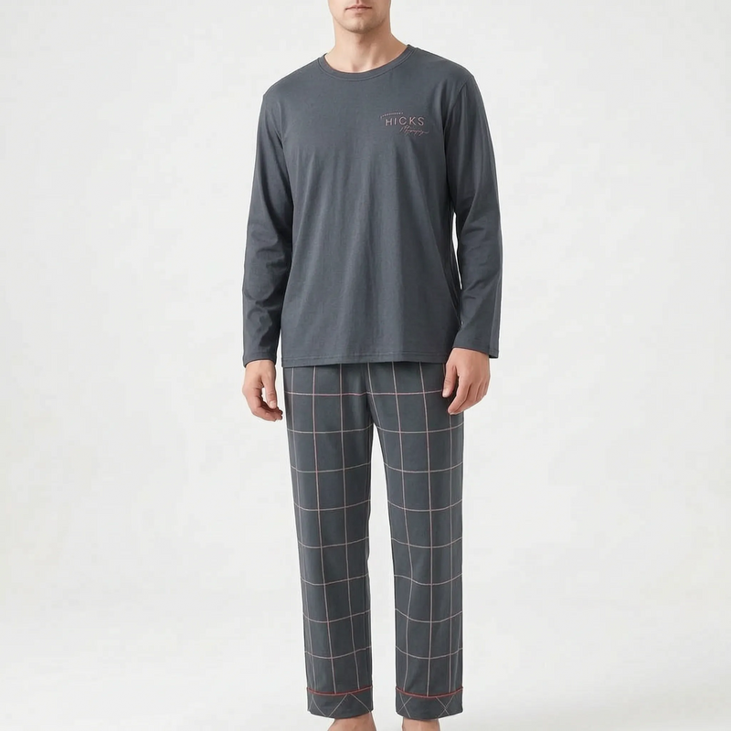 Long Sleeve Henley Mens Pyjamas - Clay