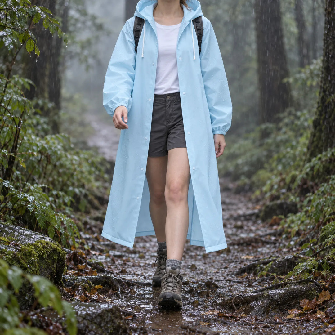 Woman hiking a wet forest trail in the rain, wearing the light blue hooded raincoat open over a white tee and shorts. 1