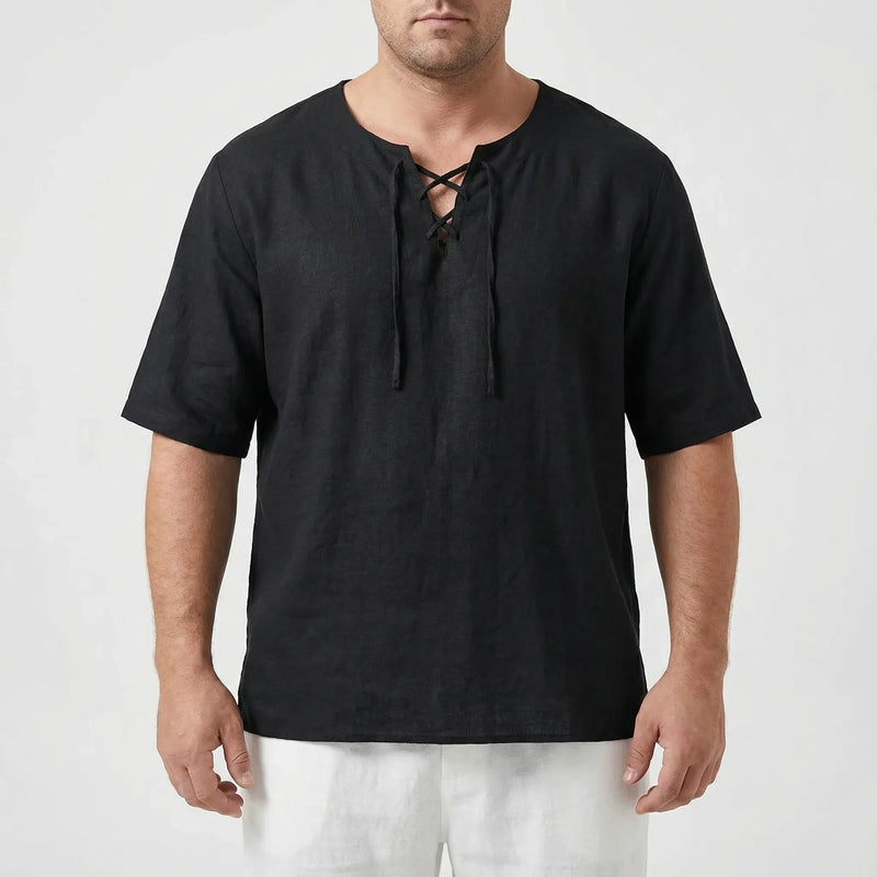 Loose V-Neck Lace-Up Pullover Top - Ian
