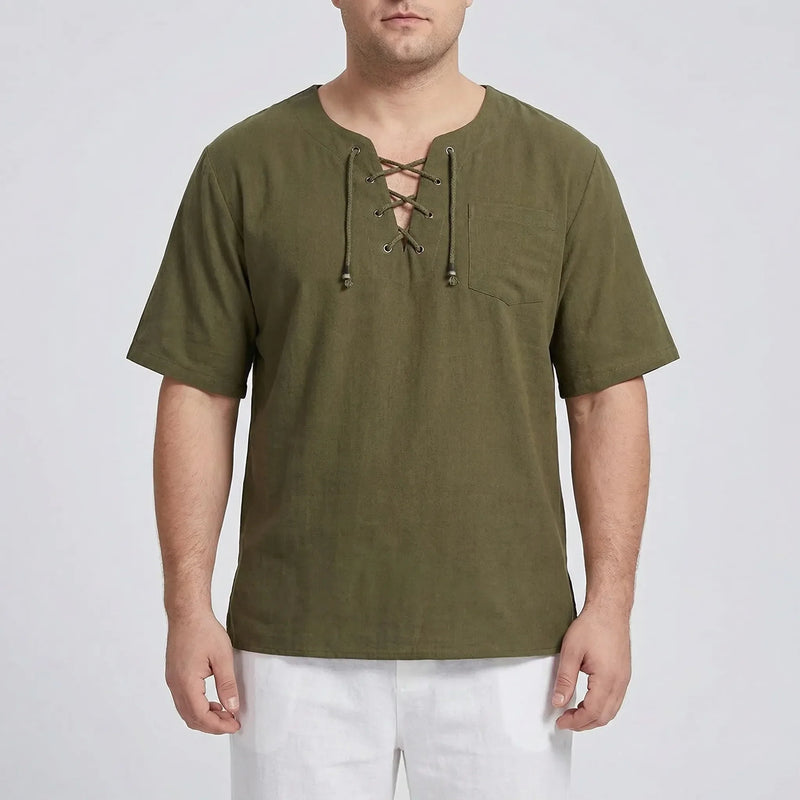 Loose V-Neck Lace-Up Pullover Top - Ian