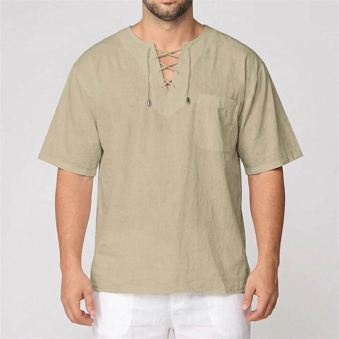 Loose V-Neck Lace-Up Pullover Top - Ian