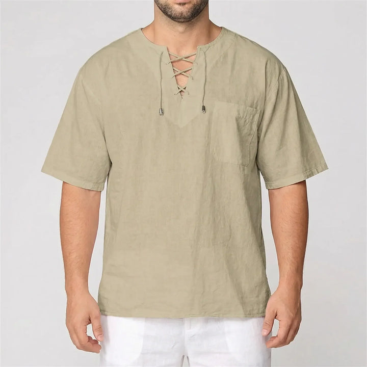 Loose V-Neck Lace-Up Pullover Top - Ian