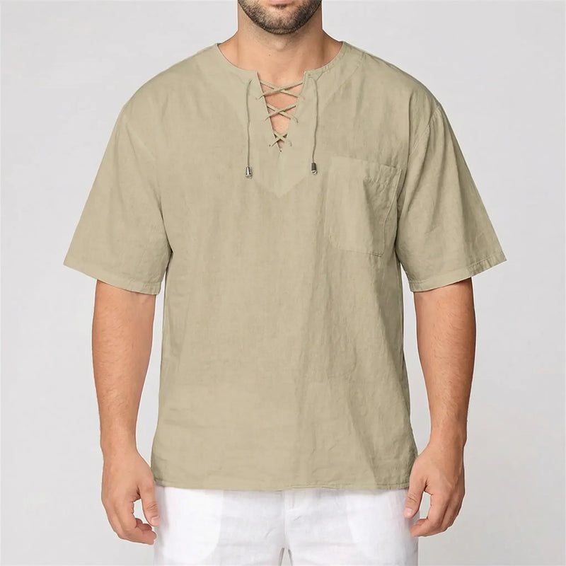 Loose V-Neck Lace-Up Pullover Top - Ian