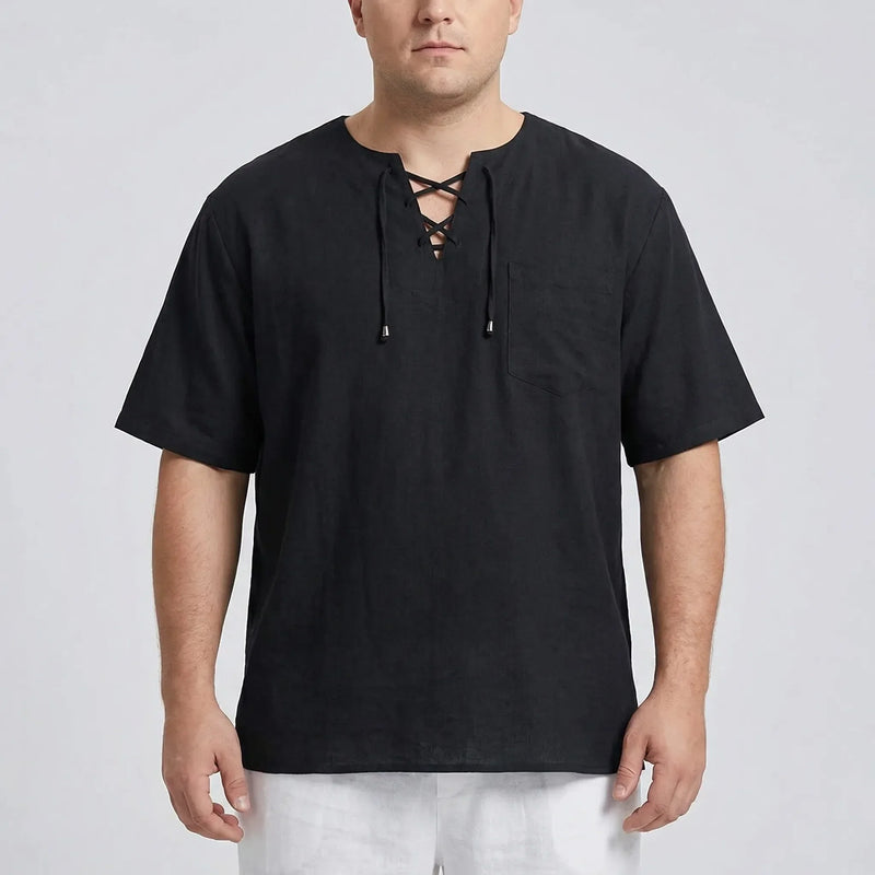 Loose V-Neck Lace-Up Pullover Top - Ian