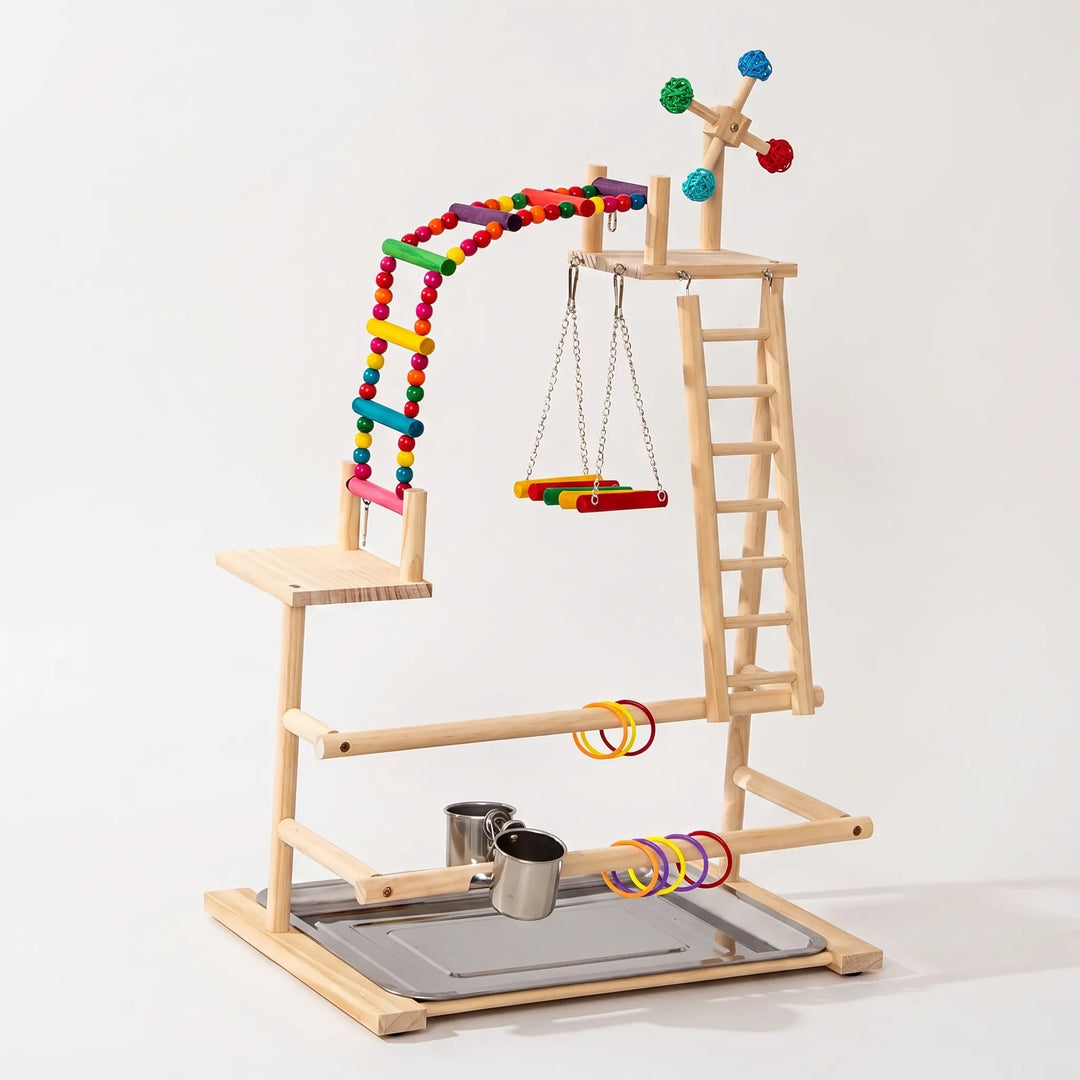 Wooden bird playground on a plain background, with a colourful beaded ladder, swing, wooden ladder, rattan-ball toy, rings, steel cups and a tray. 1