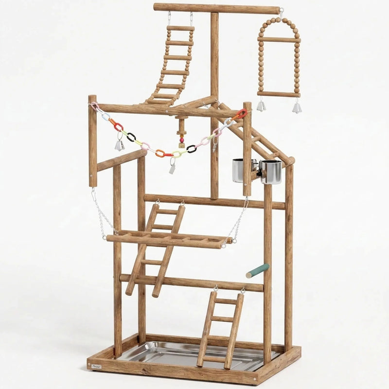 Multi-level wooden bird playground on a plain white background, with ladders, a beaded swing with bells, a rope bridge, steel feeding cups and a tray. 1