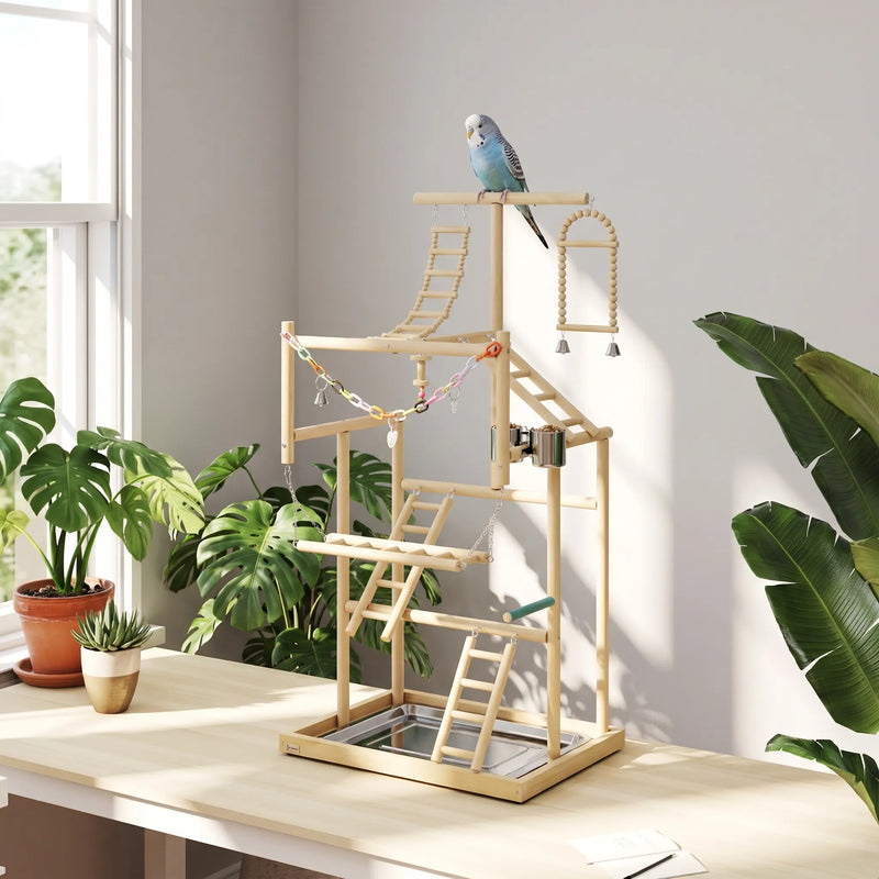 Wooden bird playground with a coloured plastic chain toy on a sunny shelf among houseplants, a blue budgie perched on the top bar. 3