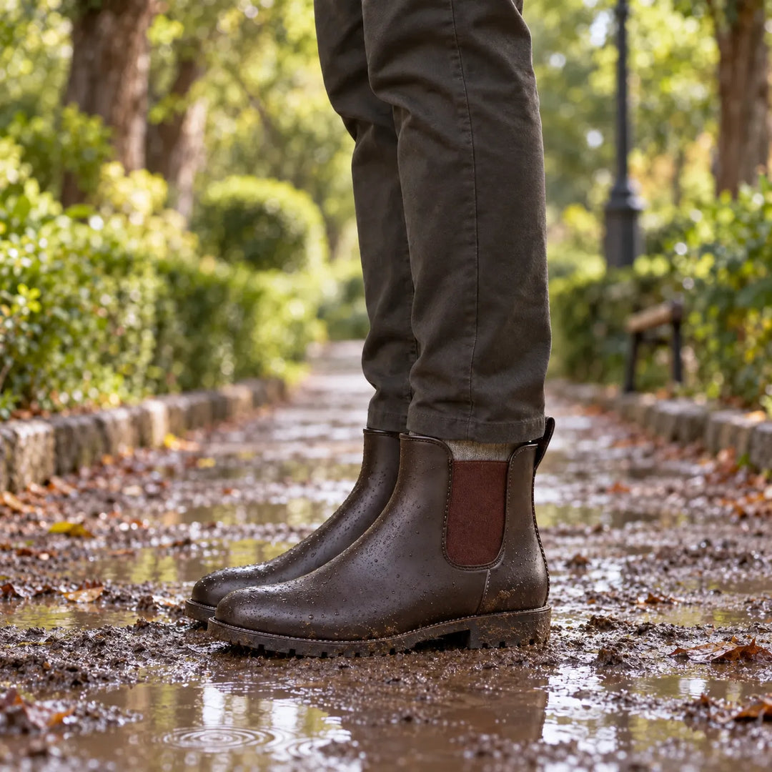 Muddy brown Chelsea rain boots worn with olive trousers on a puddled leafy park path, with water droplets on the surface. 3