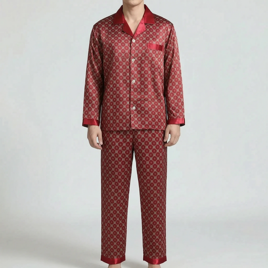 Model wearing the red version of the pyjama set with a small lattice print and satin trim on collar, cuffs and hems. 7