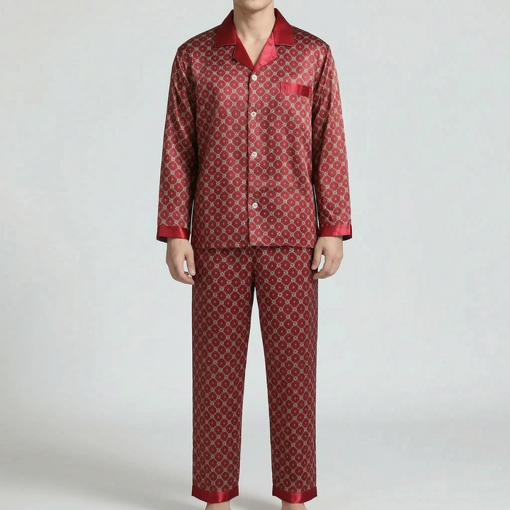 Model wearing the red version of the pyjama set with a small lattice print and satin trim on collar, cuffs and hems. 7