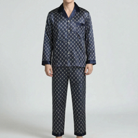 Full-length front view of the navy set on a model against a plain backdrop, showing the shirt and matching trousers. 8
