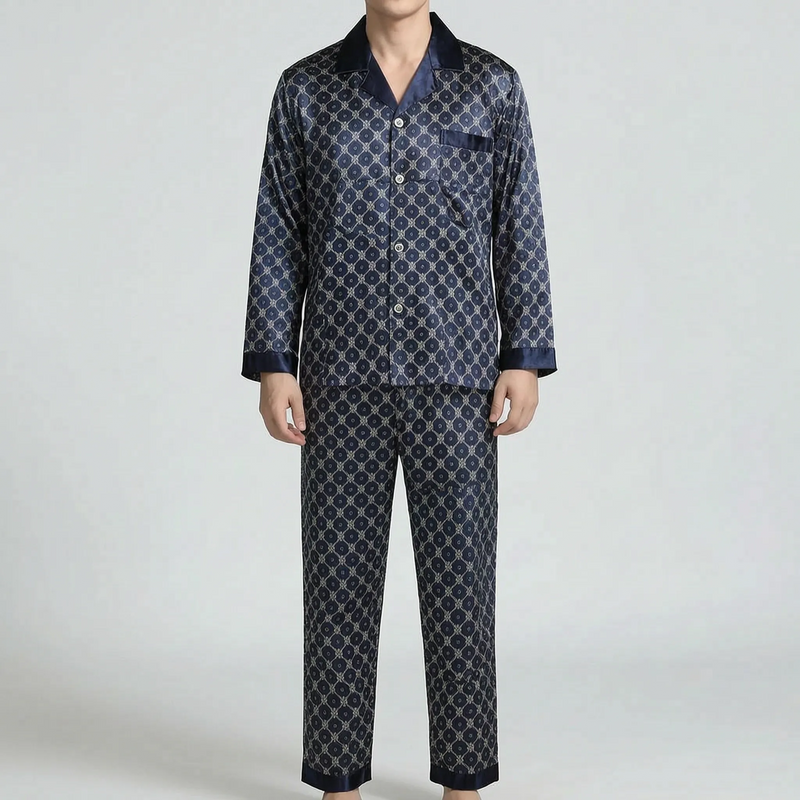 Full-length front view of the navy set on a model against a plain backdrop, showing the shirt and matching trousers. 8