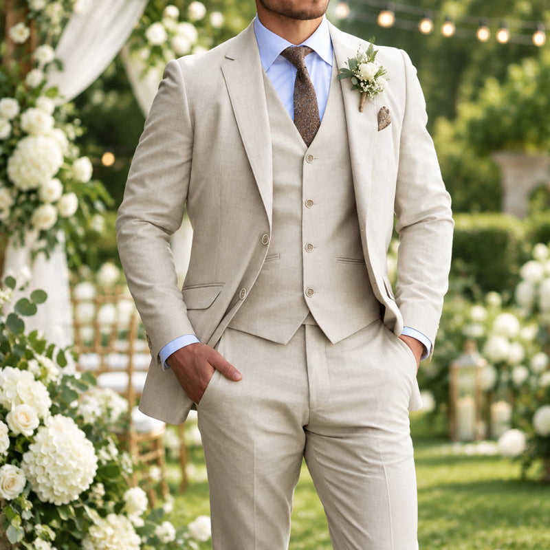 Model in a beige three-piece suit with blue shirt and floral buttonhole at an outdoor wedding setting 1