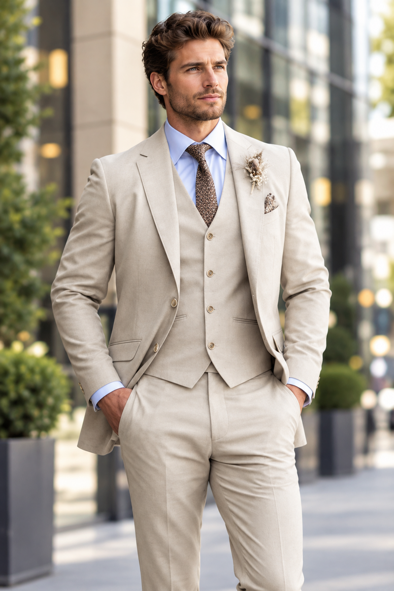 Model in a beige three-piece suit with pale blue shirt and woven tie, hands in pockets, outdoors 1