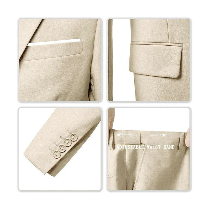Four close-up details of the beige suit: breast pocket, flap pocket, four-button cuff and adjustable waistband 5