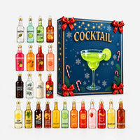 Another overhead view of the full set of twenty-four bottle ornaments in rows next to the festive navy gift box with a lime cocktail. 4