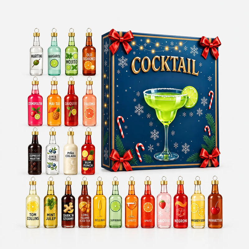 Another overhead view of the full set of twenty-four bottle ornaments in rows next to the festive navy gift box with a lime cocktail. 4