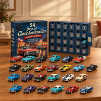 Navy advent calendar box with a retro car illustration beside its open numbered drawers, with 24 colorful classic miniature cars lined up on a wooden table. 1