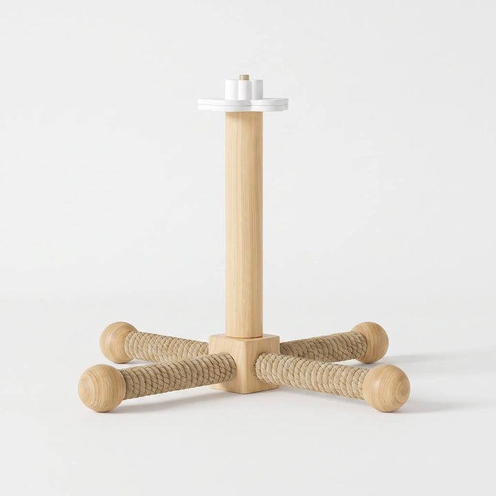 Wooden bird perch with a central post, white flower-shaped top fitting and four natural rope-wrapped arms ending in wooden balls, on a plain background. 1