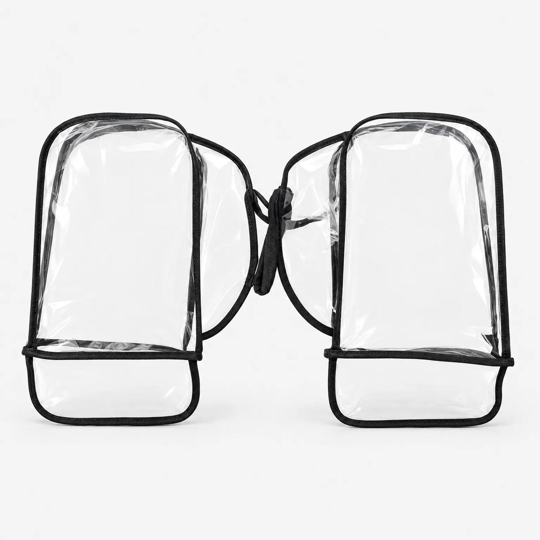 Pair of clear plastic handlebar muffs with black binding, joined by a strap, laid flat against a plain white background. 2