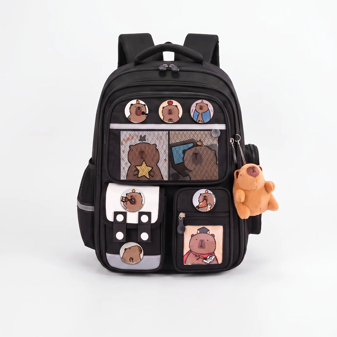 Multi-Pocket Capybara Themed School Rucksack - Viyora