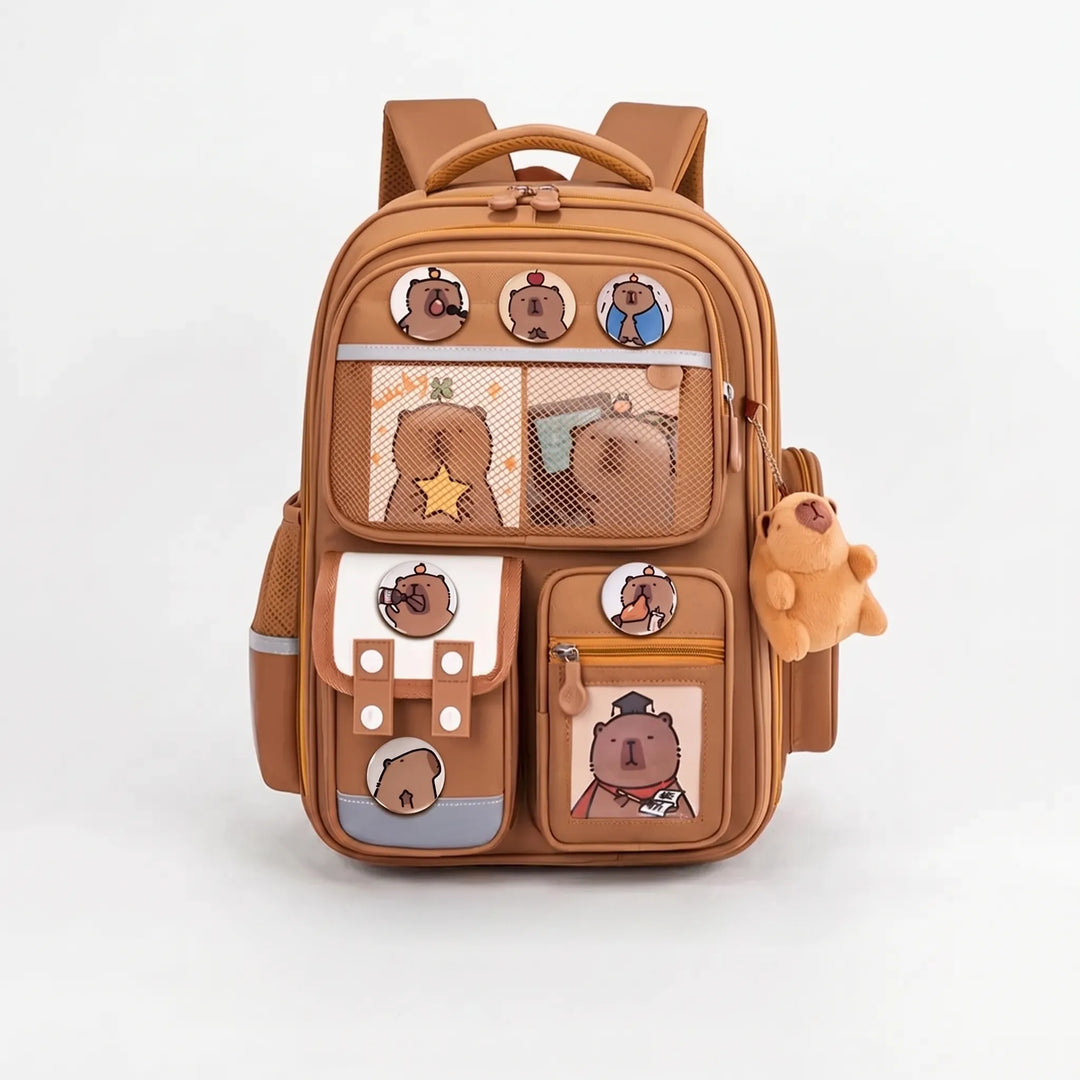 Multi-Pocket Capybara Themed School Rucksack - Viyora