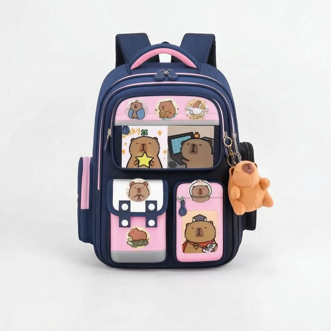 Multi-Pocket Capybara Themed School Rucksack - Viyora