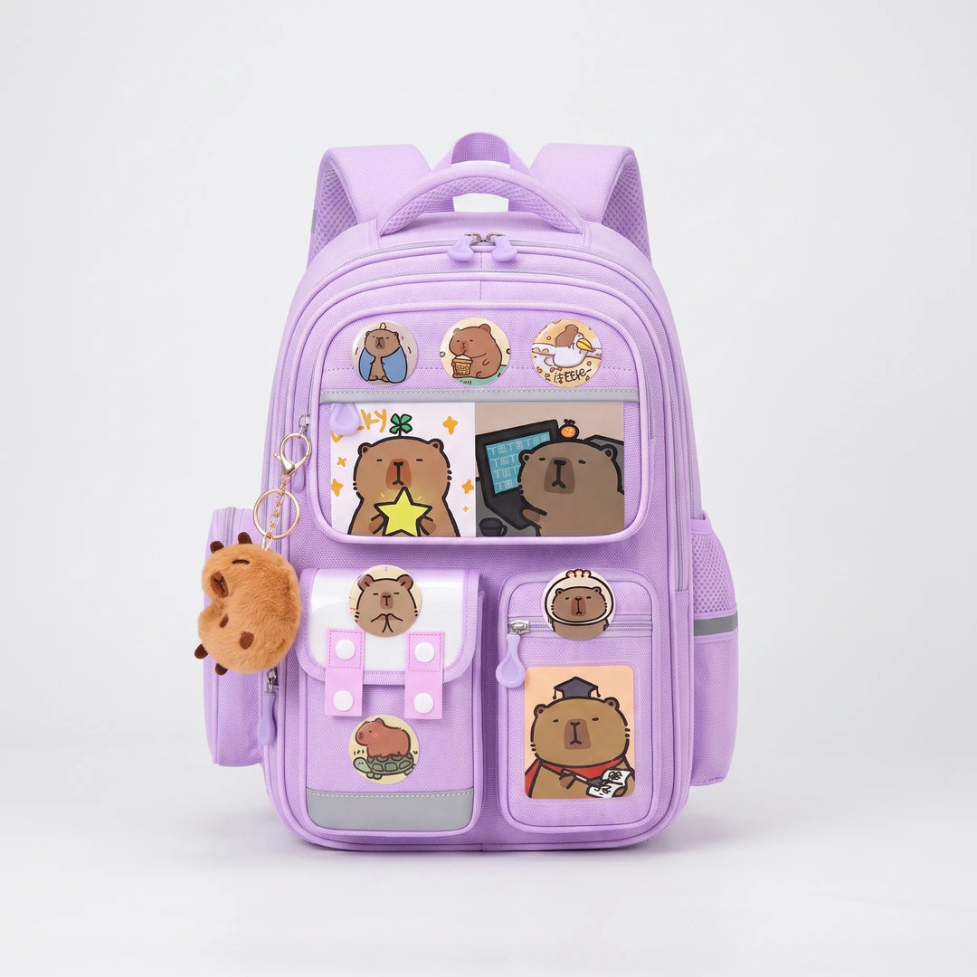 Multi-Pocket Capybara Themed School Rucksack - Viyora