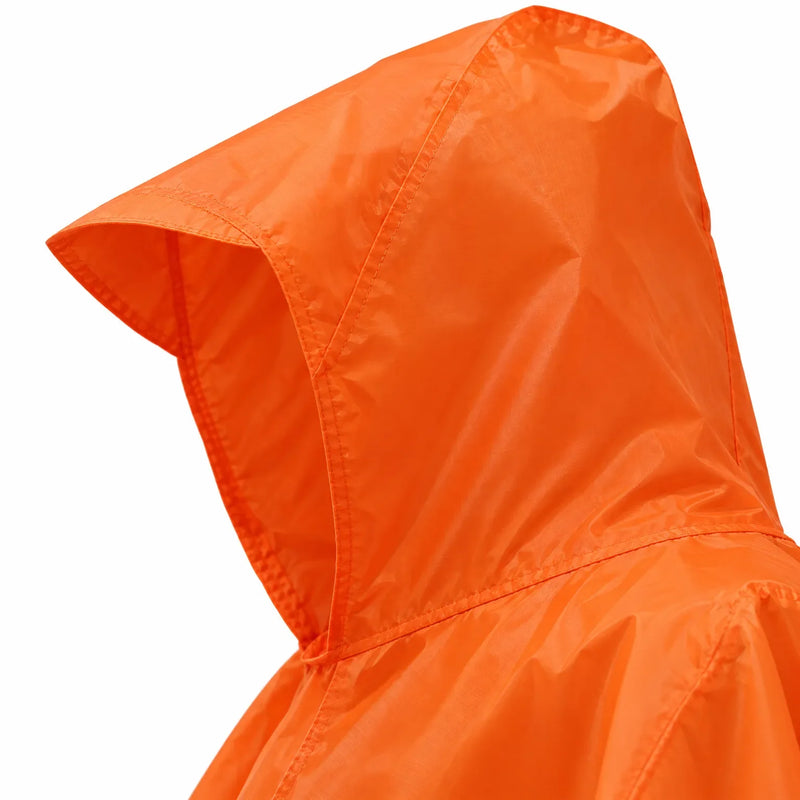 Close-up of the orange poncho's hood, showing the stitched seams and the lightweight ripstop-style fabric texture. 5